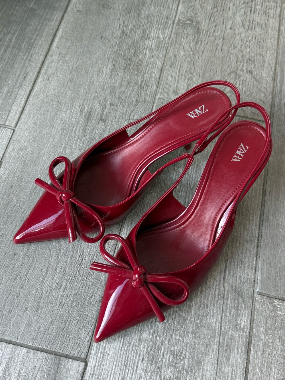 ZARA Red Patent Pointed Slingback Pumps with Bow